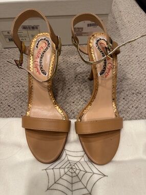 Charlotte Olympia Tan Leather Ankle-Strap Heels with Gold Accents